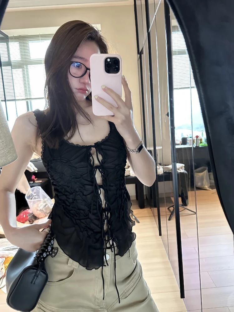 Black Gothic Style  Knot Tie Pleated Thin Lace  Halter Vest Women's Fashion Summer Outfit Short V-neck Single Piece