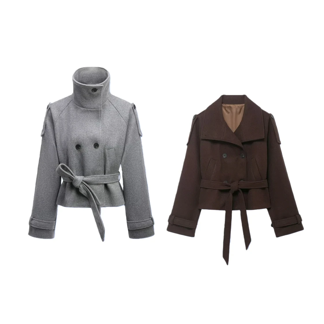 Women's Casual Fashion Simple Stand Collar Long Sleeve Double Breasted Short Wool Coat with Belt Warm Elegant Autumn Winter Oute
