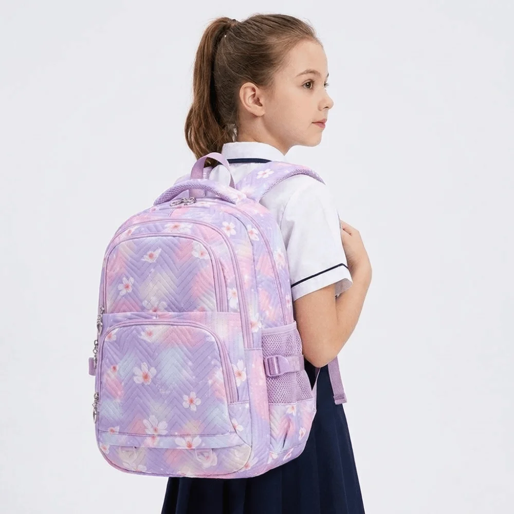 Fashion Flower Printed Children Backpack Nylon Multiple Pockets Shoulders Bag Harajuku Large Capacity Student School Bag Student