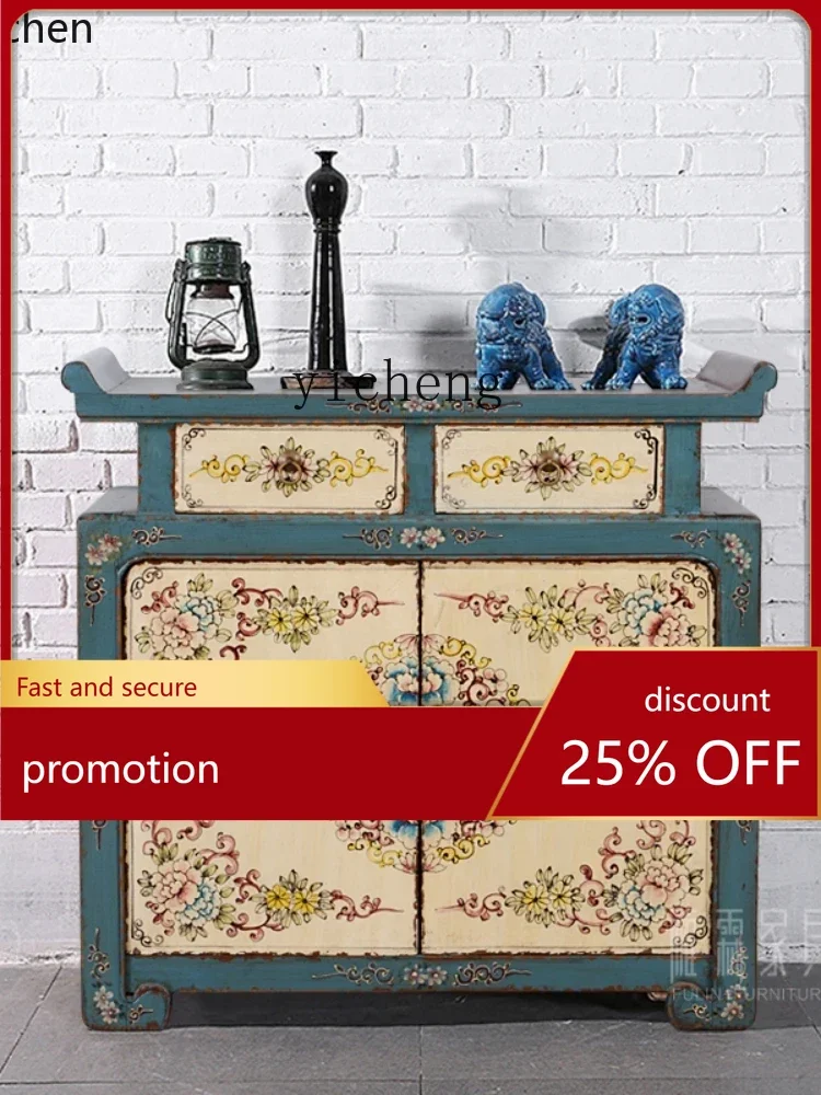 YFY  Furniture Solid Wood Distressed Painted Hallway Cabinet Ming and Qing Vintage Storage Blue Warped Head Sideboard Cabinet
