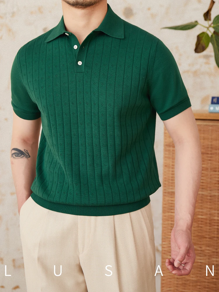 High-End Summer Commute Lapel Short-Sleeved Shirt Pure Cotton Breathable Hollow Retro Gentry All-Match Fashion Men