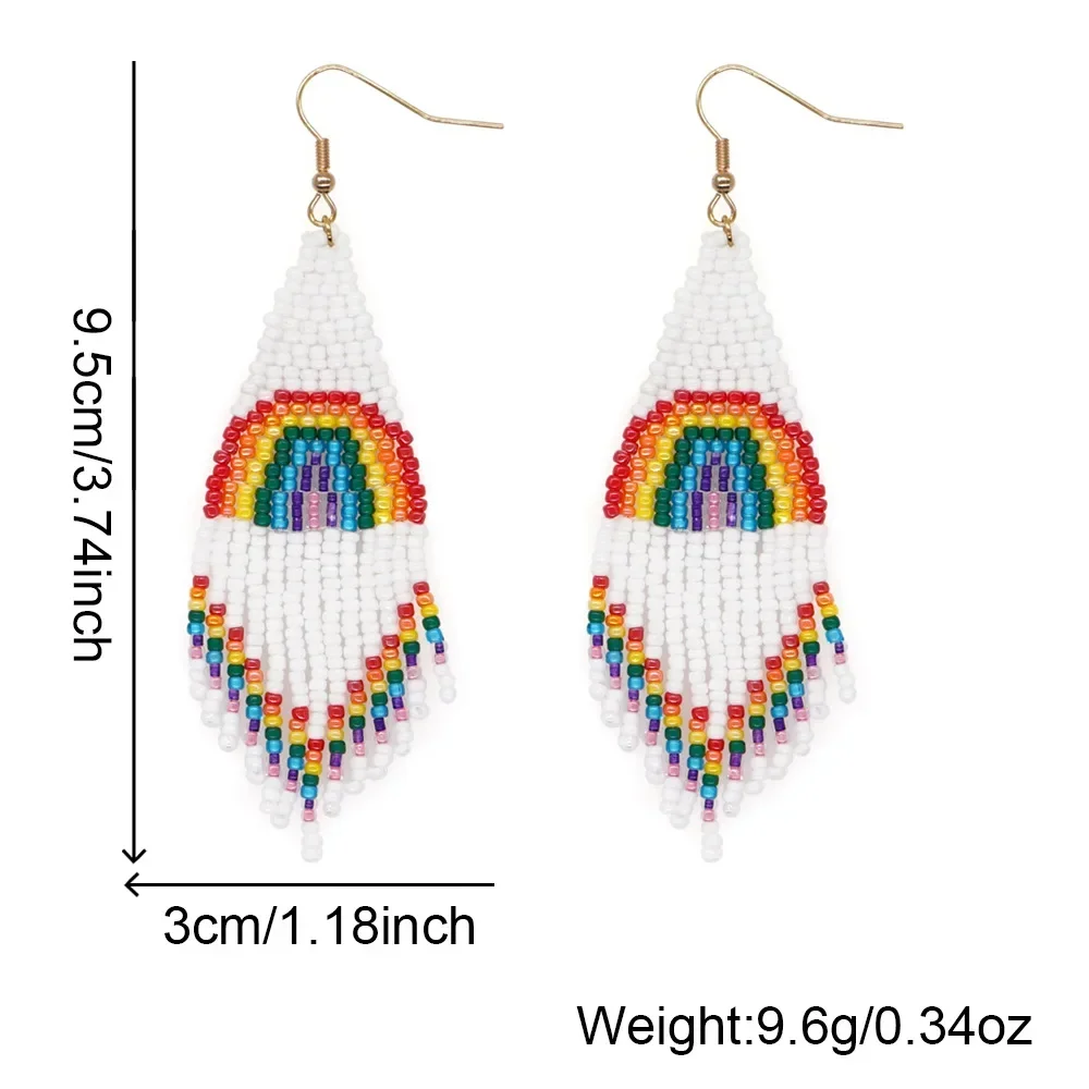 Anting manik-manik Rumbai Serbaguna Desain Pelangi Rajutan Tangan Bohemia Paduan Pasang Anting manik-manik beras warna gradien sederhana