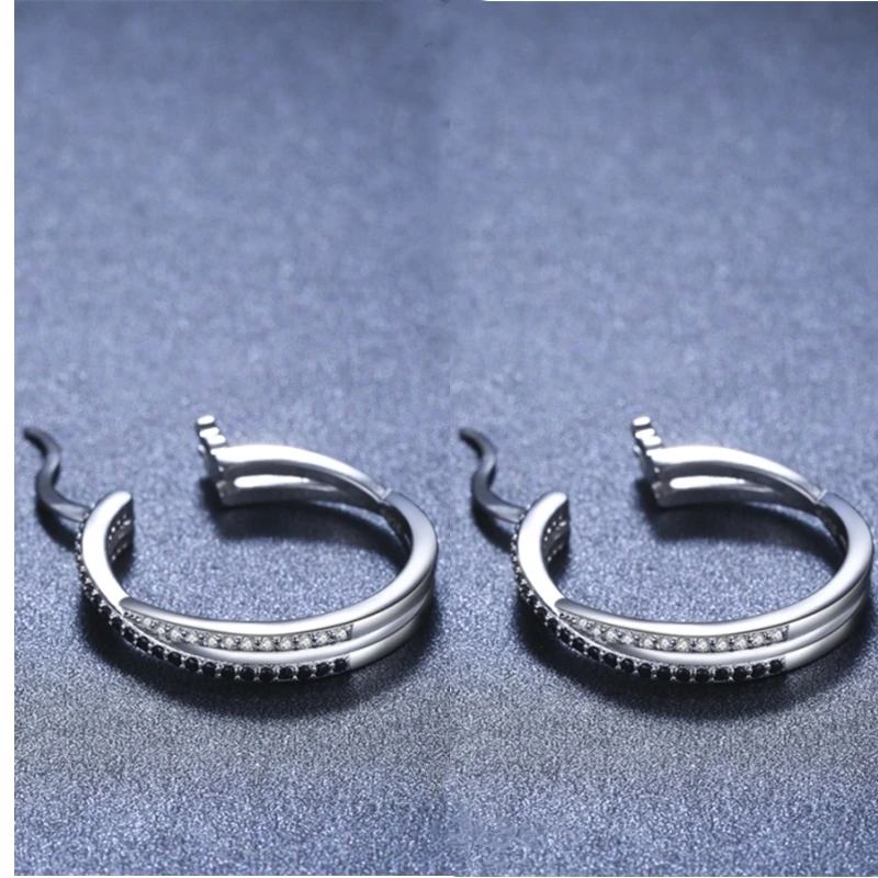 Black Awn Classic Silver Color Round Black Trendy Spinel Engagement Hoop Earrings for Women Jewelry Bijoux I209