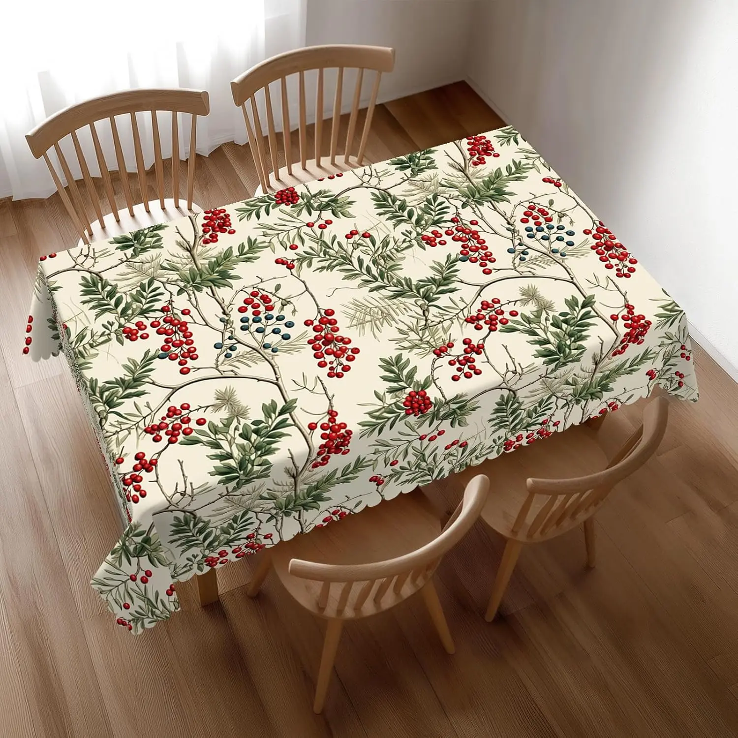 Nappe de Noël en aquarelle motif baies d'églantier, Housse de table botanique hivernale haut de gamme pour des dîners festifs élégants