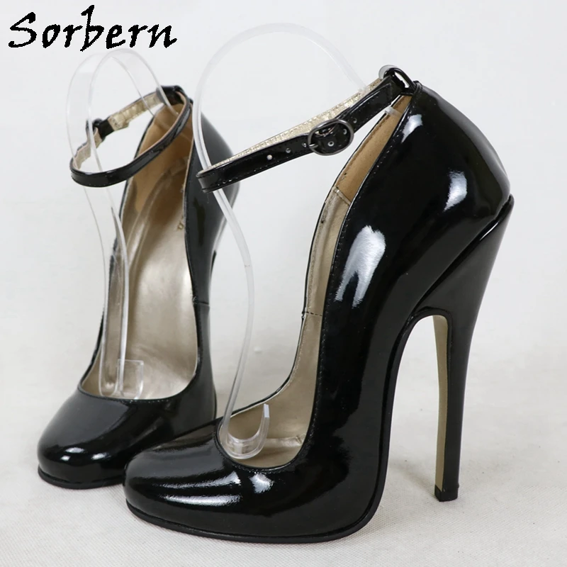 Sorbern 14Cm 16Cm Sexy Women Shoes Genuine Leather Ladies Pump High Heel Matt Black Stilettos Round Toe Ankle Straps Custom