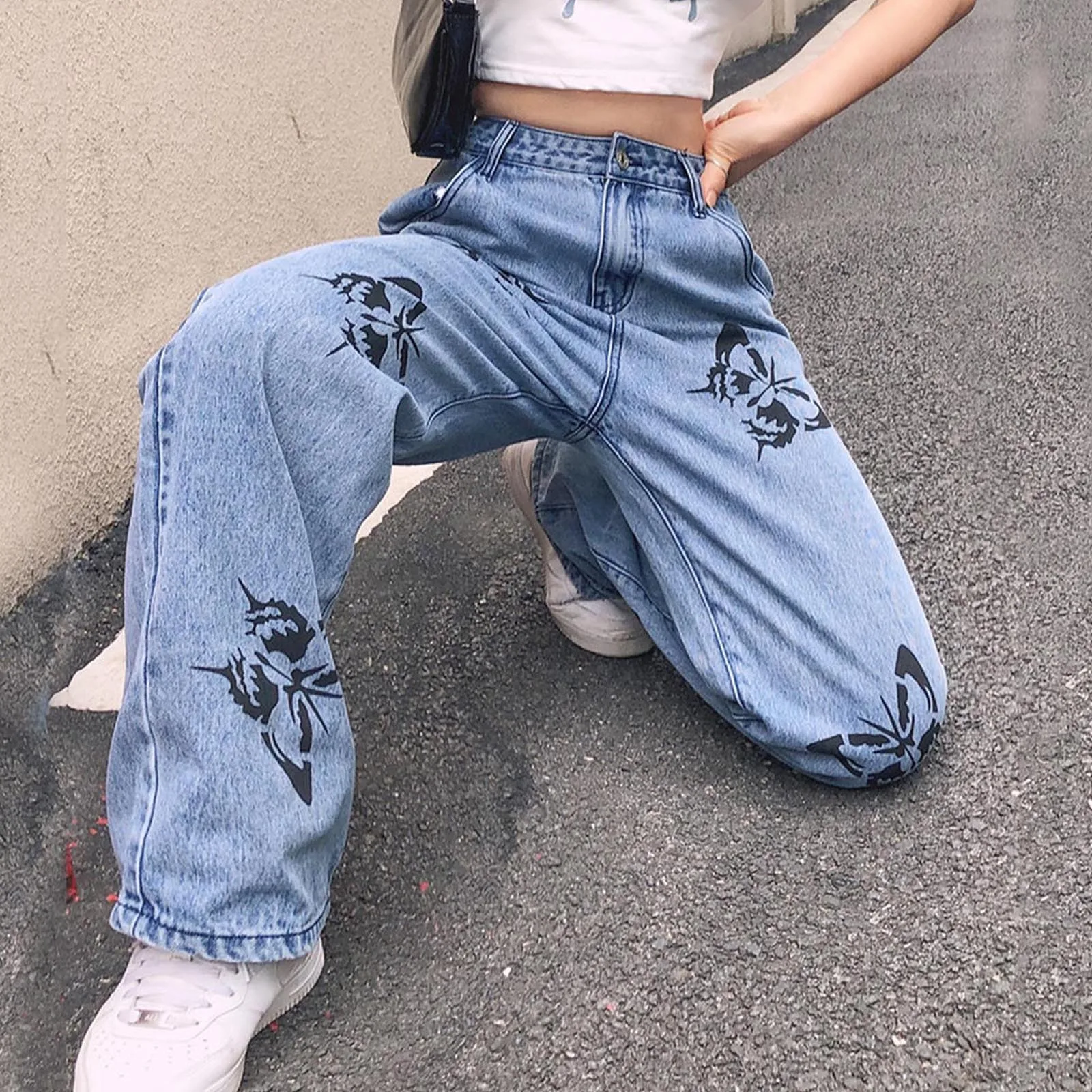 

Women's High Waist Jeans Butterfly Print Straight Wide Leg Denim Pants For Women Baggy Loose Casual Trousers Streetwear 2024