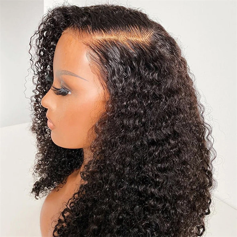 Natural Black Long 26inch 180% Density Preplucked Soft Kinky Curly Lace Front Wig For Women Baby hair Heat Resistant Glueless