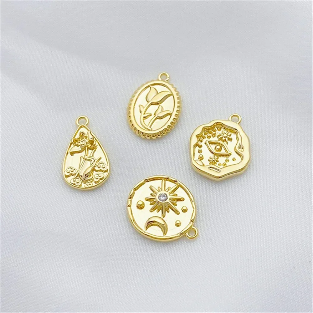 14K ゴールド クイーン アバター フラワー ボタン ラウンド ラベル ペンダント ハンドメイド DIY ネックレス ヘッドピース素材 L450