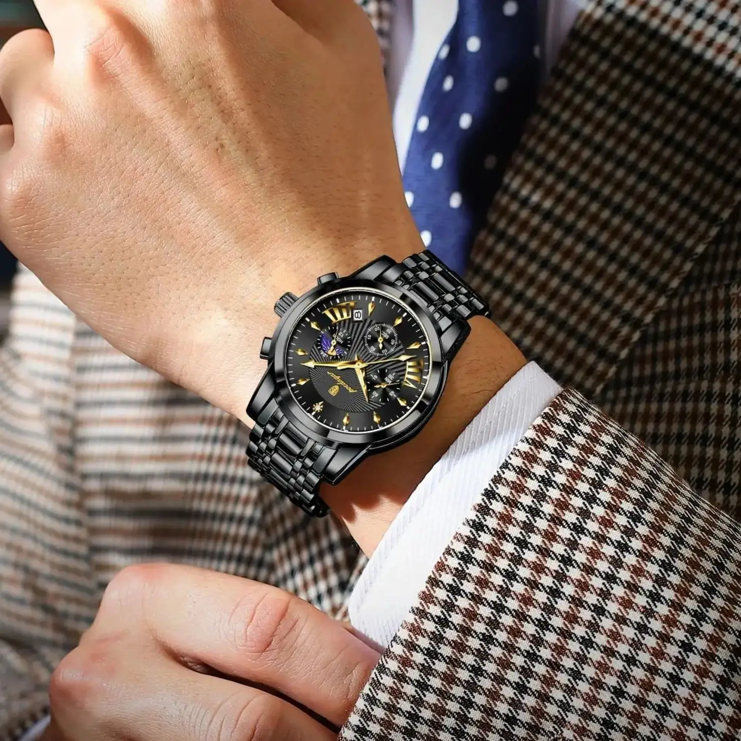 POEDAGAR أزياء الرجال الساعات للماء مضيئة تاريخ كرونوغراف رجل الأعمال الساعات الفولاذ المقاوم للصدأ كوارتز ساعة رياضية للرجال #6