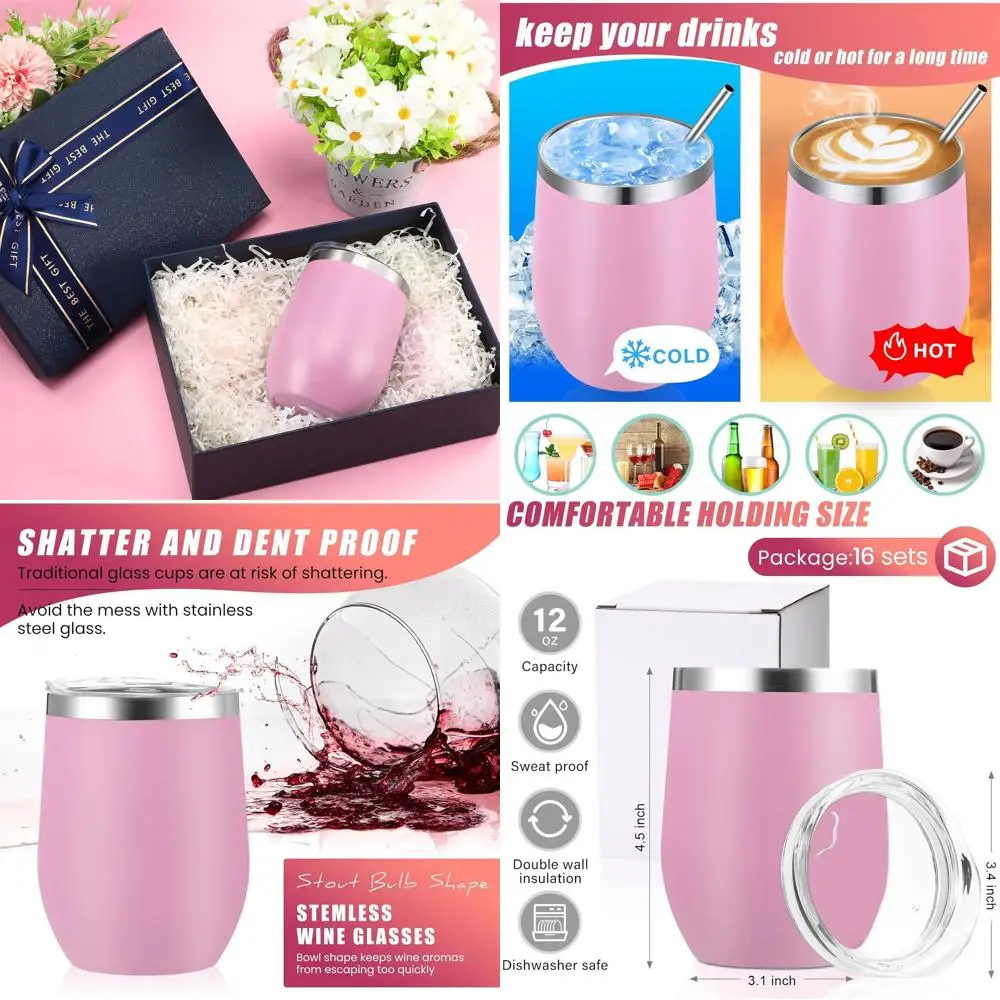 

12 oz Insulated Double Wall Stainless Steel Wine Tumblers Set, Pink - Perfect for Outdoor Travel and Beverages