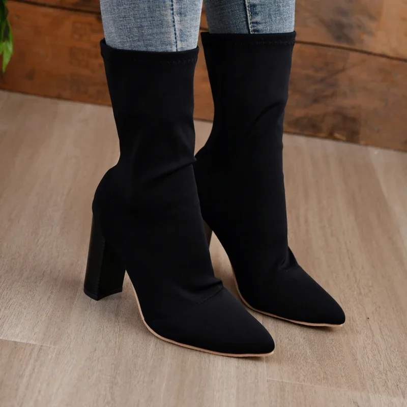 

High Quality Lady Shoes Autumn Women's Boots Fashion Pointed Square Heels Casual Suede Mid-calf Boot Rome Classics Shoes Zapatos