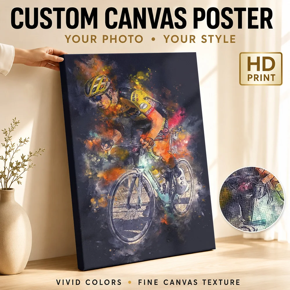 Cyclist in motion with watercolor effect Canvas Painting Poster Personalized Photo Sports Portrait Wall Art for Man Cave Decor