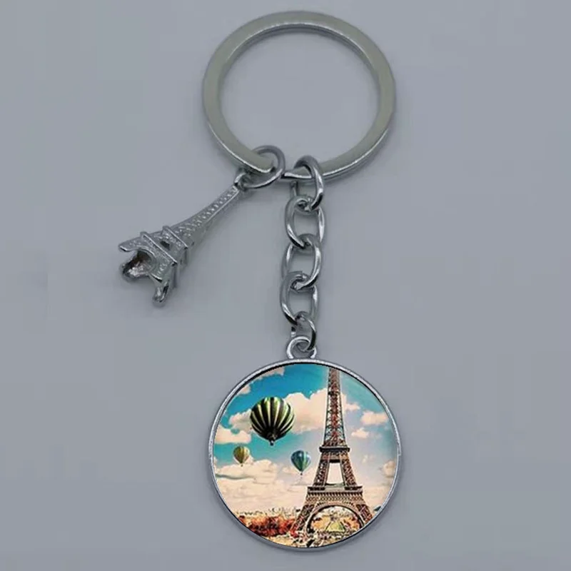 Romantic Paris Eiffel Tower Key Chains Art Lady Wander Drawing Design Glass Pendant Cute Keychain Keyring Women Bag Jewelry