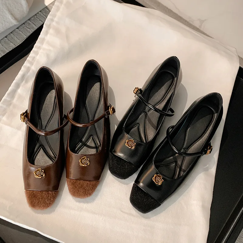 

Simple Flower Mary Jane Shoes Spring New Round Head One Strap Vintage Metal Buckle Casual Office Square Heel Flat Women Shoes