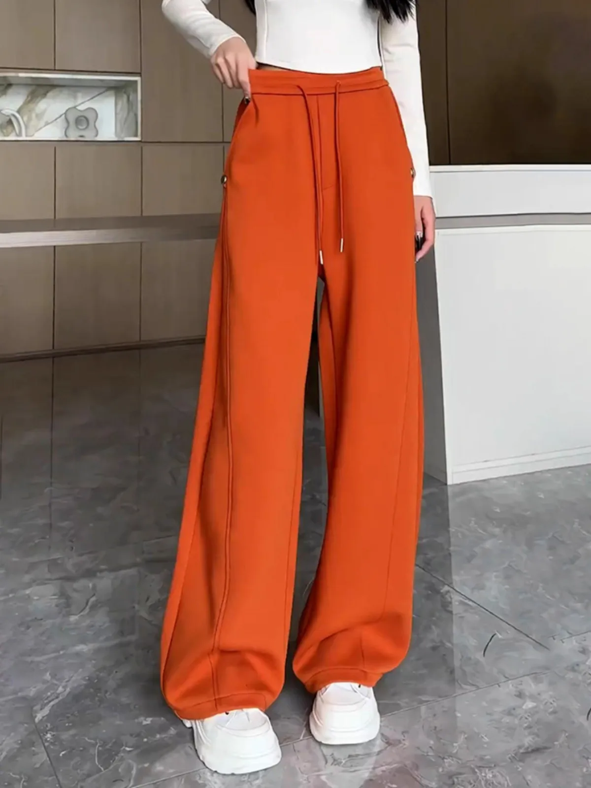 

Spring 2026 Women's ular Color Fce Lined Banana Pants High Waist Loose Fit Versatile Wide Leg Casual Trousers