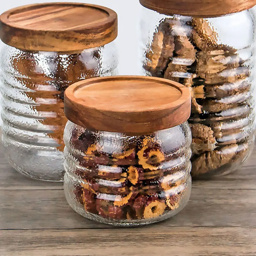 

Glass Storage Jar Thick Wooden Cover Sealed Container for Tea Coffee Sugar Dry Food Storage Kitchen Home 300ml