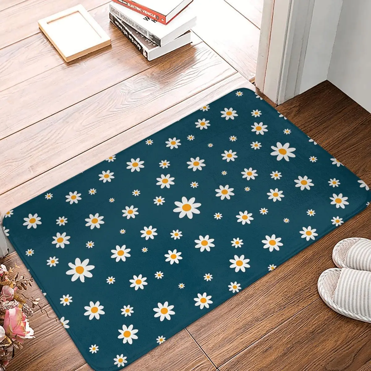 Elegant Dark Daisy Floral Pattern Anti-slip Doormat Floor Mat Carpet Rug for Kitchen Entrance Bathroom Living room Footpad Mats