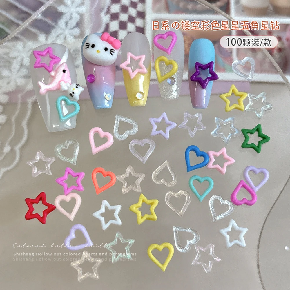 100Pcs Mixed Colorful Star Heart Nail Art Charms 3D Resin Ice Transparency Hollowed Love Nail Decoration Kawaii DIY Nail Parts