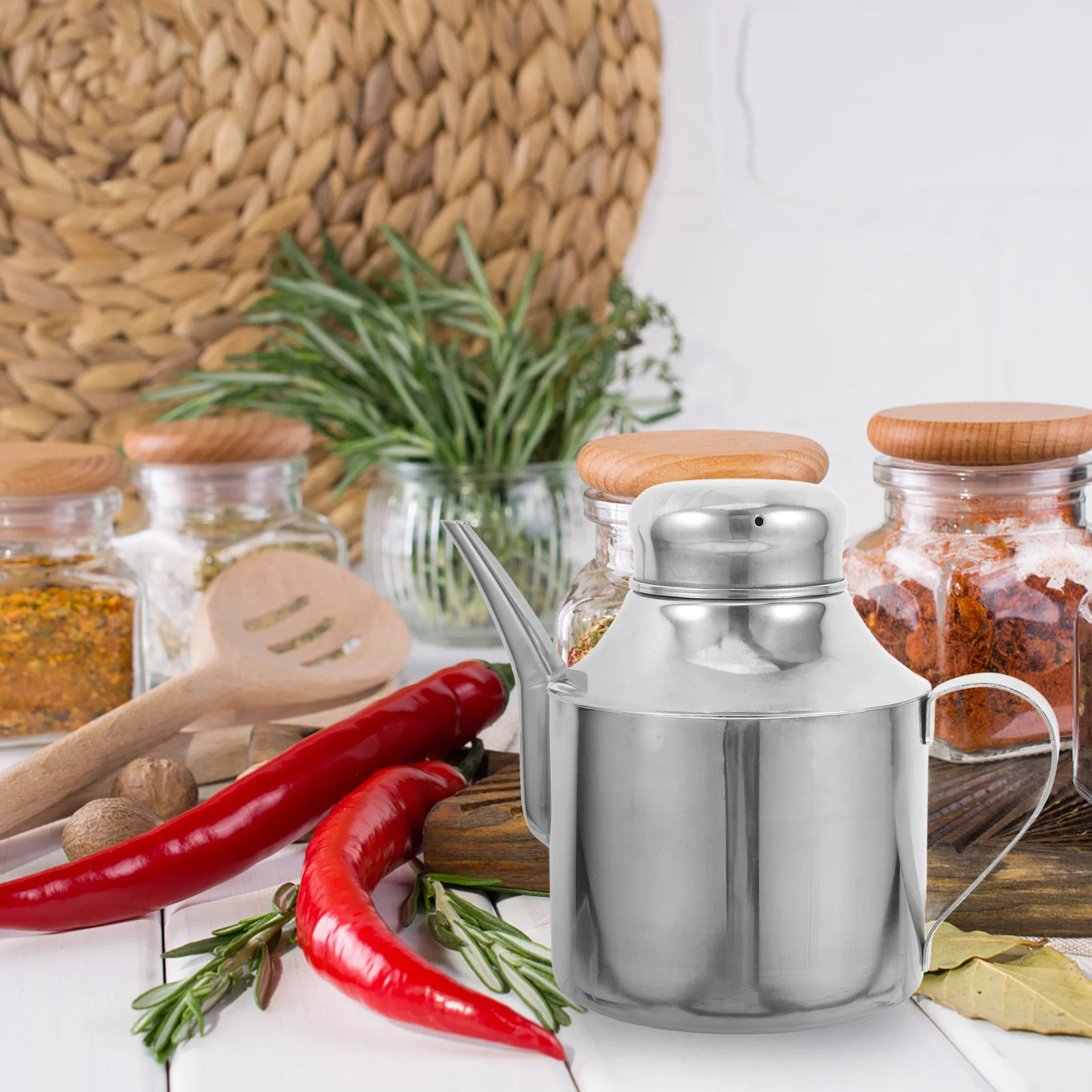 

Stainless Steel Oil Pot Leakproof Kitchen Oil Container for Home Cooking Storage Kettle with Long Spout and Lid