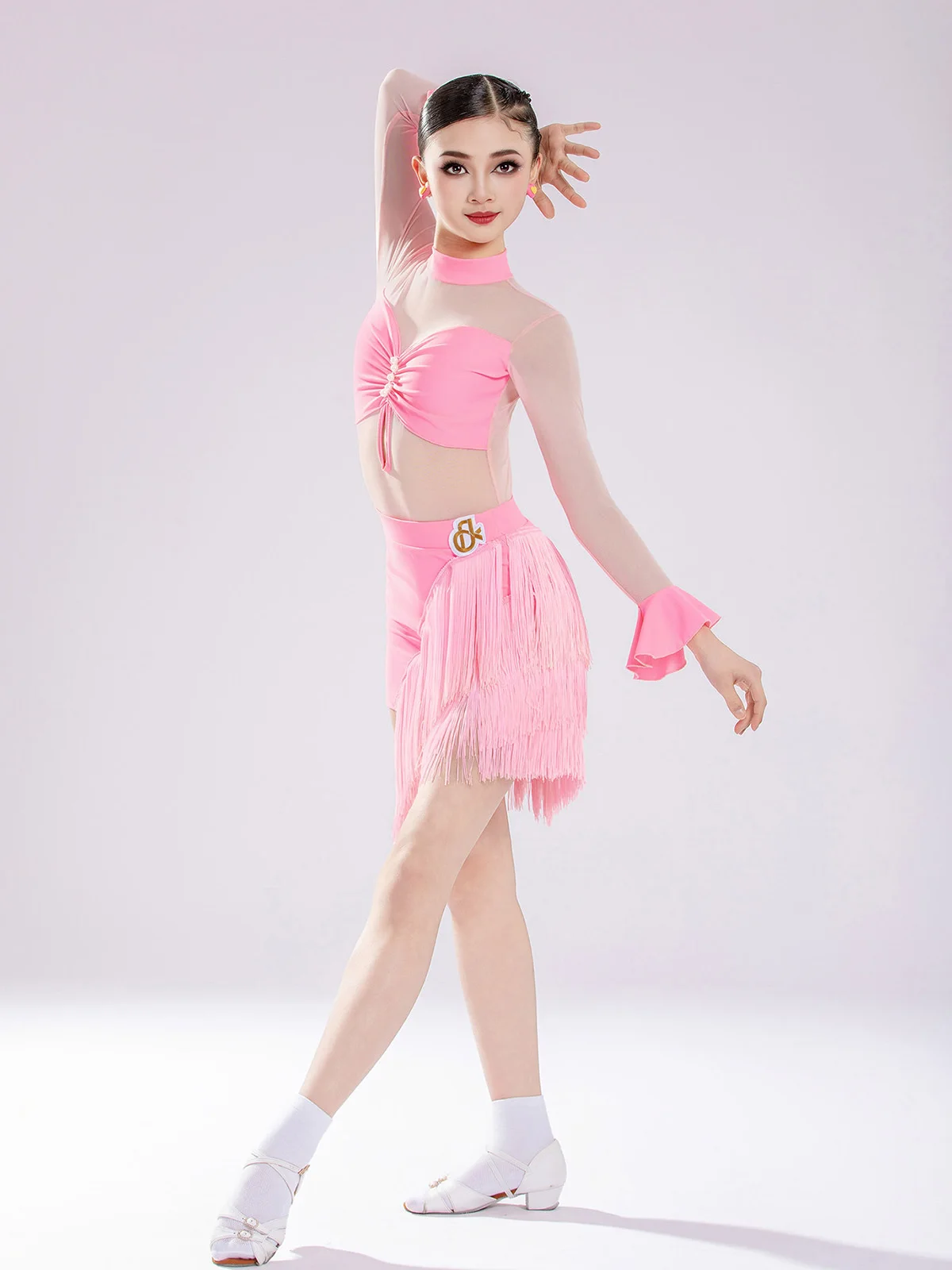 

Kids Girls Latin Dancewear Practice Mesh Back Zipper Bodysuit and Tassel Bodycon Skirt Rumba Chacha Dance Competition Costume