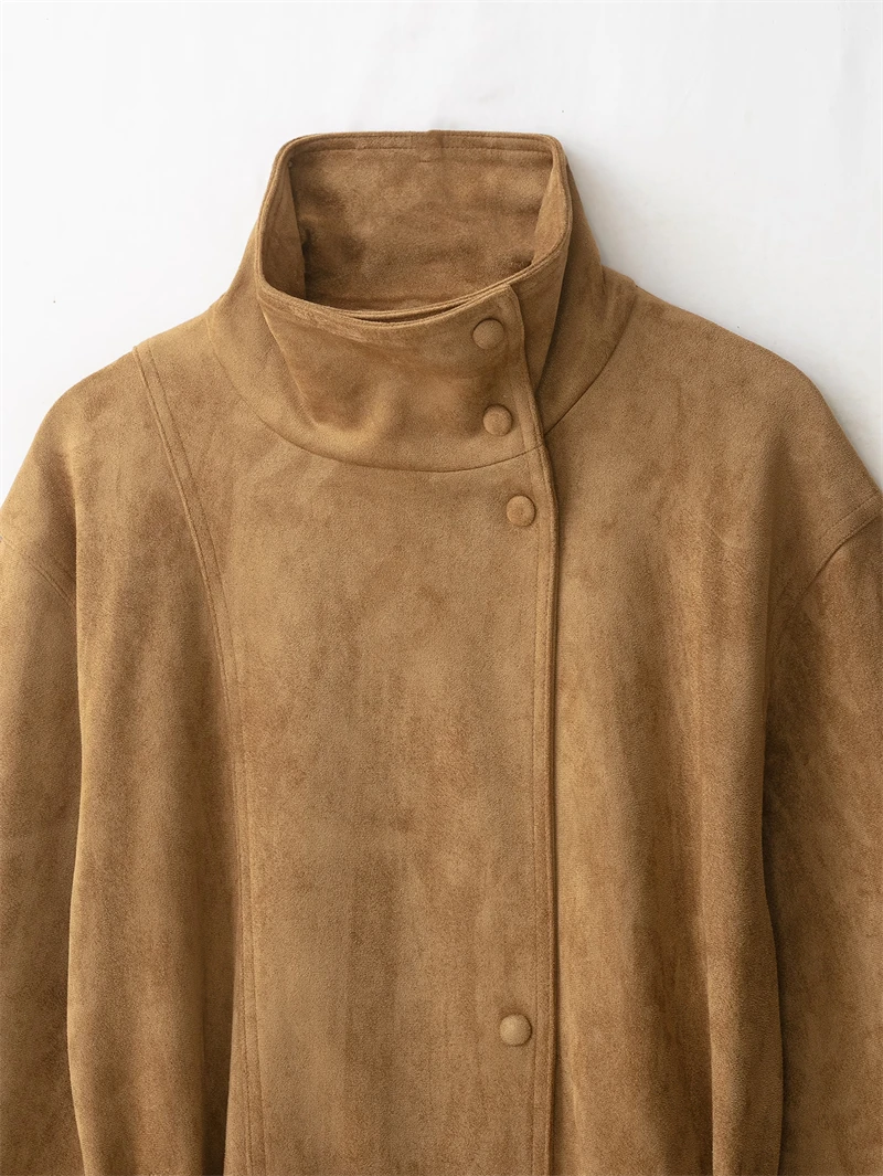 Guobioziy 2026 Autumn Multi Color Faux Suede Women Jacket Stand Collar Belted Waist Loose Fit Vintage Casual Outerwear