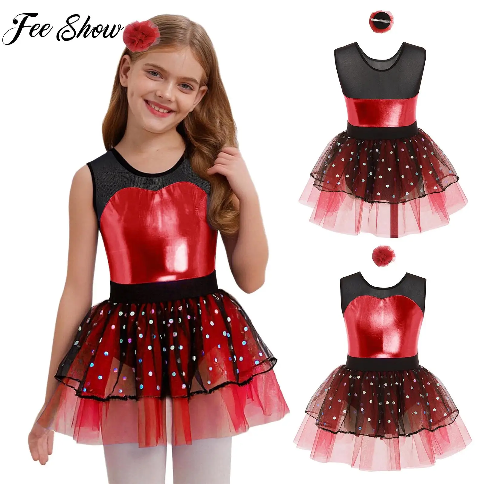 

Kids Girls Sleeveless Ballet Dance Dress Gymnastics Performance Outfit Dancewear Sheer Mesh Bodice Tulle Ball Gown with Headwear