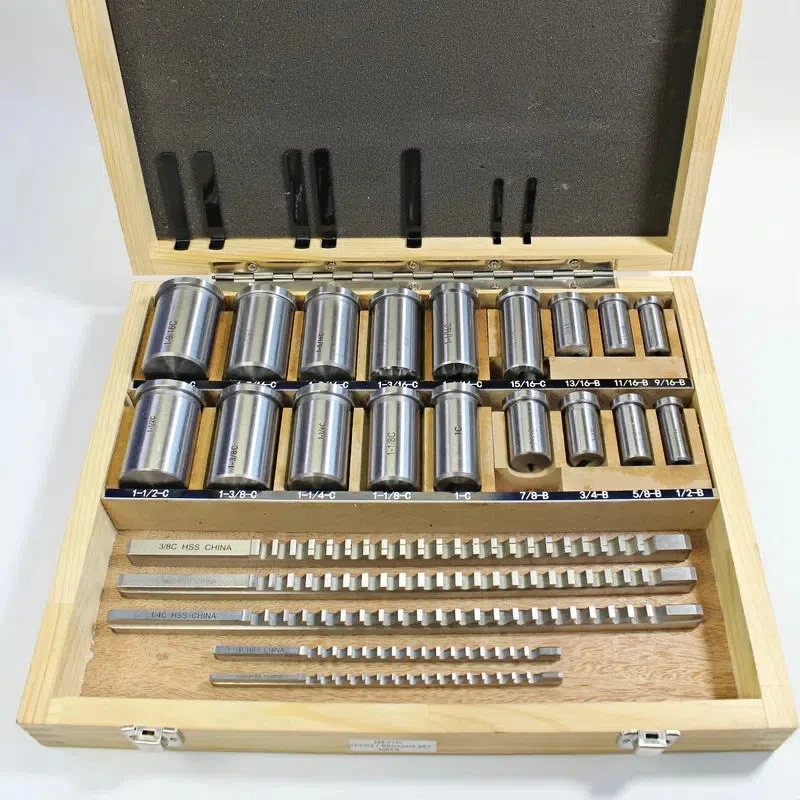 30pcs Inch Sized HSS Groove keyway broach broaches set key broaching tools tool 5pcs 1/2''-1-1/2''18pcs Bushings 7pcs Shims