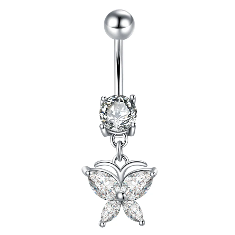 Belly Button Ring Butterfly Navel Bar Prong Setting Cubic Zirconia Stones Clear 14G Stailess Steel Pin Body Piercing Jewelry