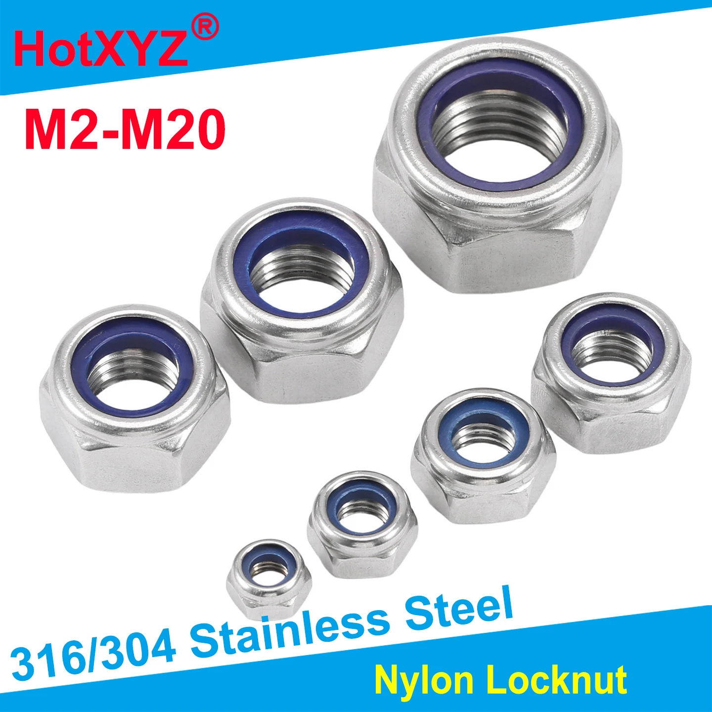 Nylon Locknut 304 316 Stainless Steel Hex Hexagon Lock Nut DIN985 M2 M2.5 M3 M4 M5 M6 M8 M10 M12 M14 M16 M18 M20 Non slip nuts