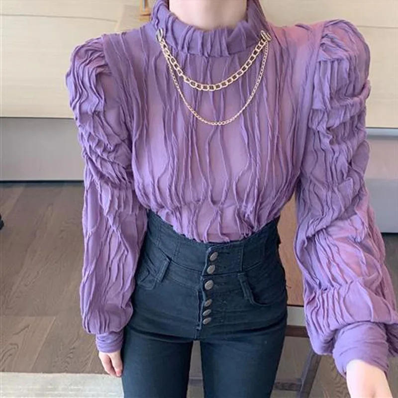 Spring New Women\'s Fashion Versatile Western Purple Fold Lace Standing Neck Bubble Sleeve Top Autumn Elegant and Comfortable Top