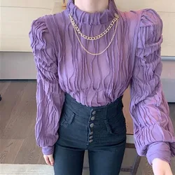 Spring New Women's Fashion Versatile Western Purple Fold Lace Standing Neck Bubble Sleeve Top Autumn Elegant and Comfortable Top