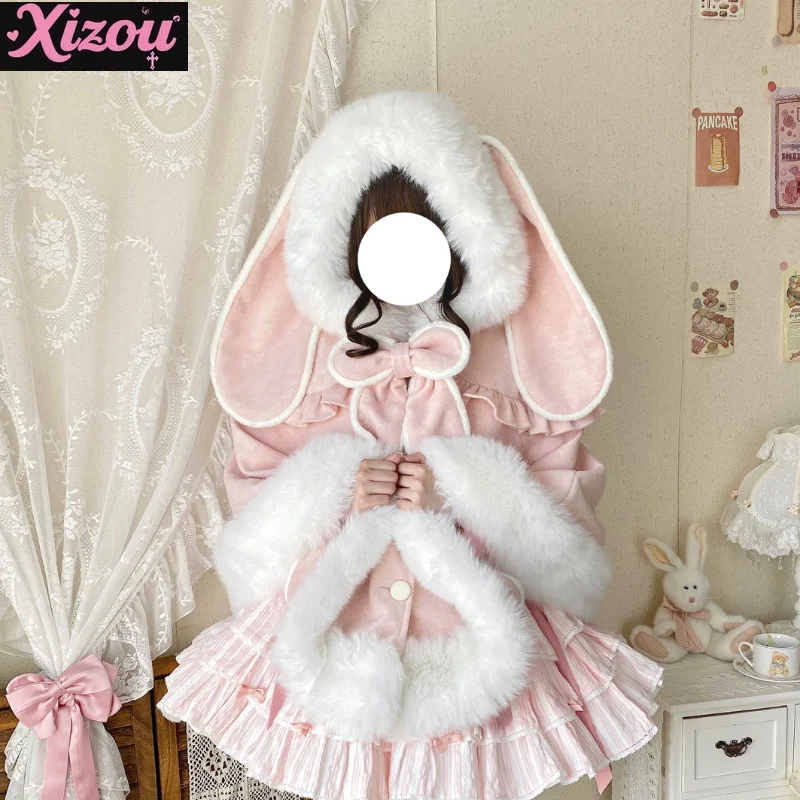 

Kawaii Japanese Sweet Cute Wool Woolen Rabbit Ears Cape Soft Girl with Pocket Lolita Bow Autumn and Winter Lolita Cape for Women