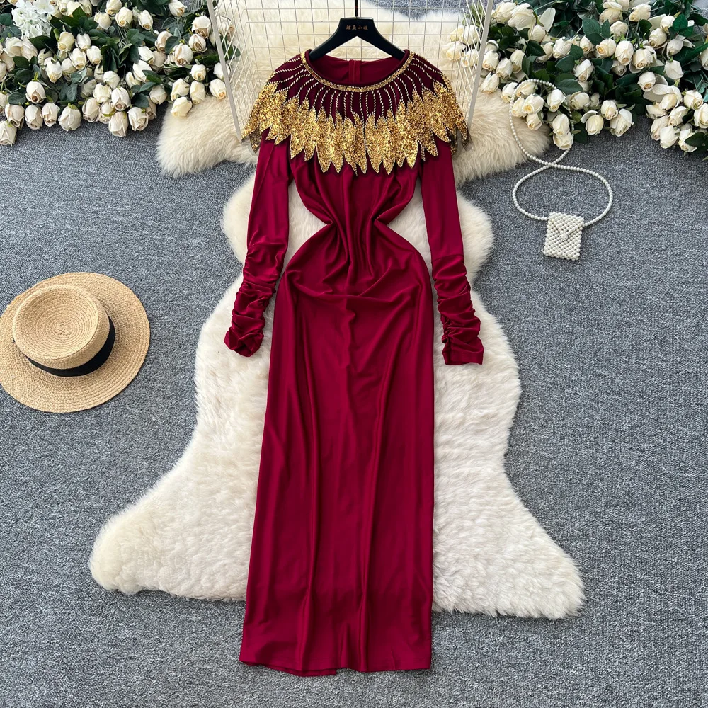 

Long Dress Women Dresses Sexy Vestidos Y2k Streetwear Tight Waist Slim Fit Round Neck Elegant Party Night Work Autumn Winter