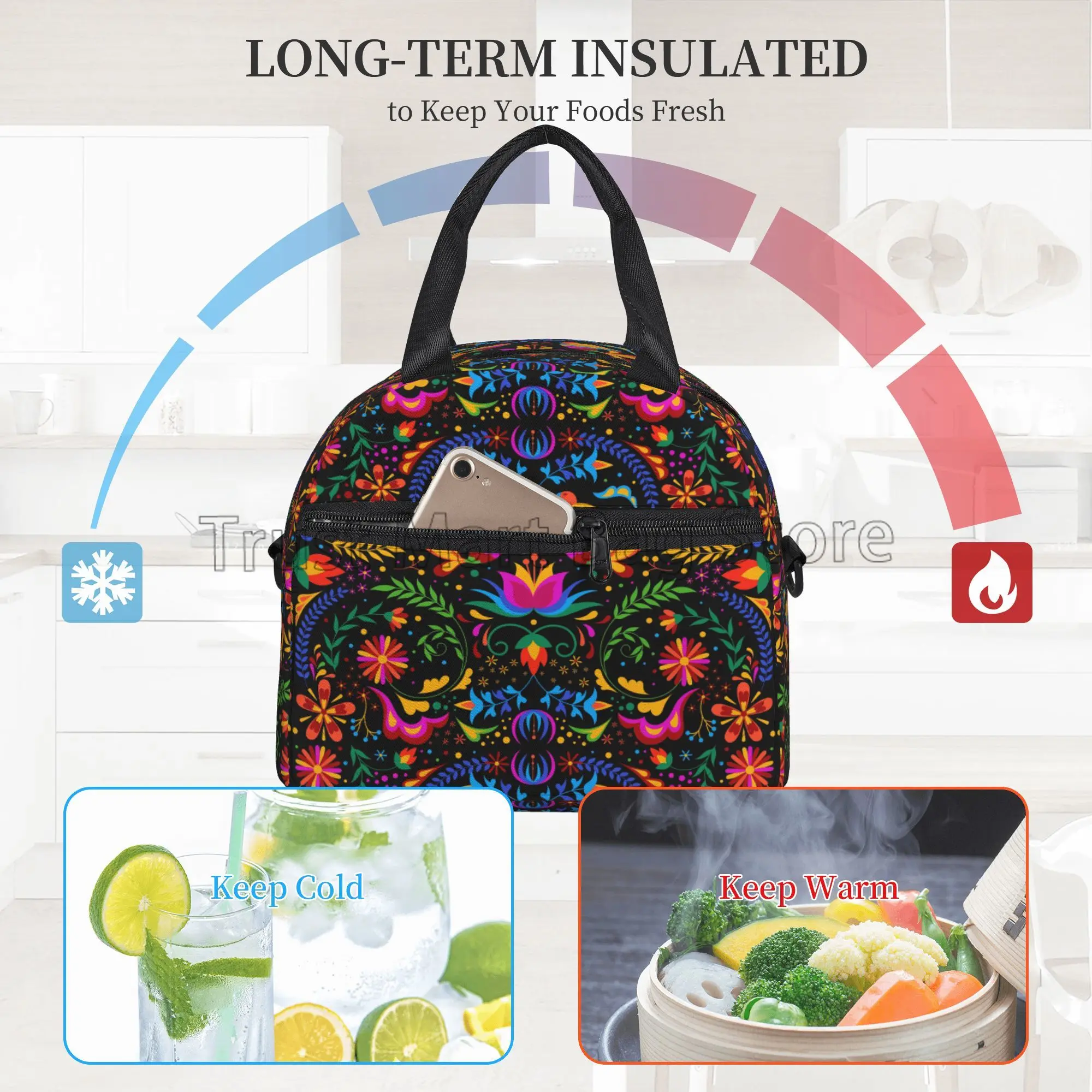 Mexican Flowers Otomi Insulated Lunch Bag Tote Meal Cooler Bag Reusable Portable Thermal Lunch Box for Work School Picnic Beach