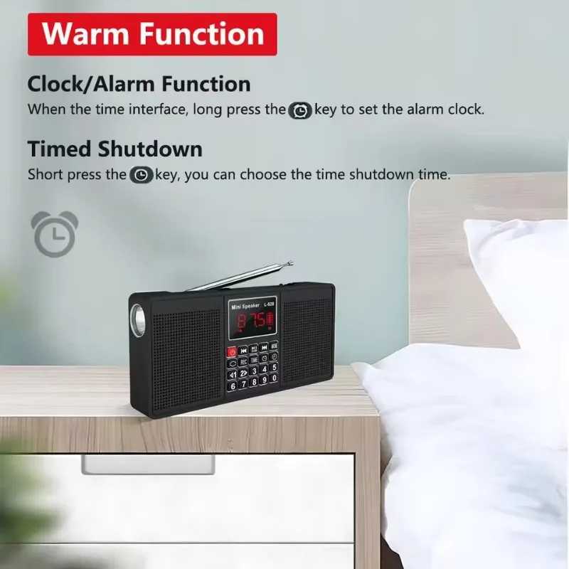 L-528 متعدد الوظائف راديو ستيريو مكبر هاي فاي مع بلوتوث AM FM TF USB يدوي AUX مسجل مصباح يدوي ساعة منبه نوع C