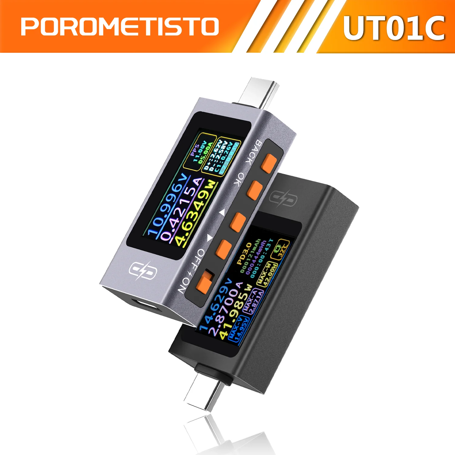 

POROMETISTO UT01C Type-C Tester Voltmeter Ammeter 4-30V 0-12A 240W Current Voltage Monitor with HD Display Fast Charging Trigger