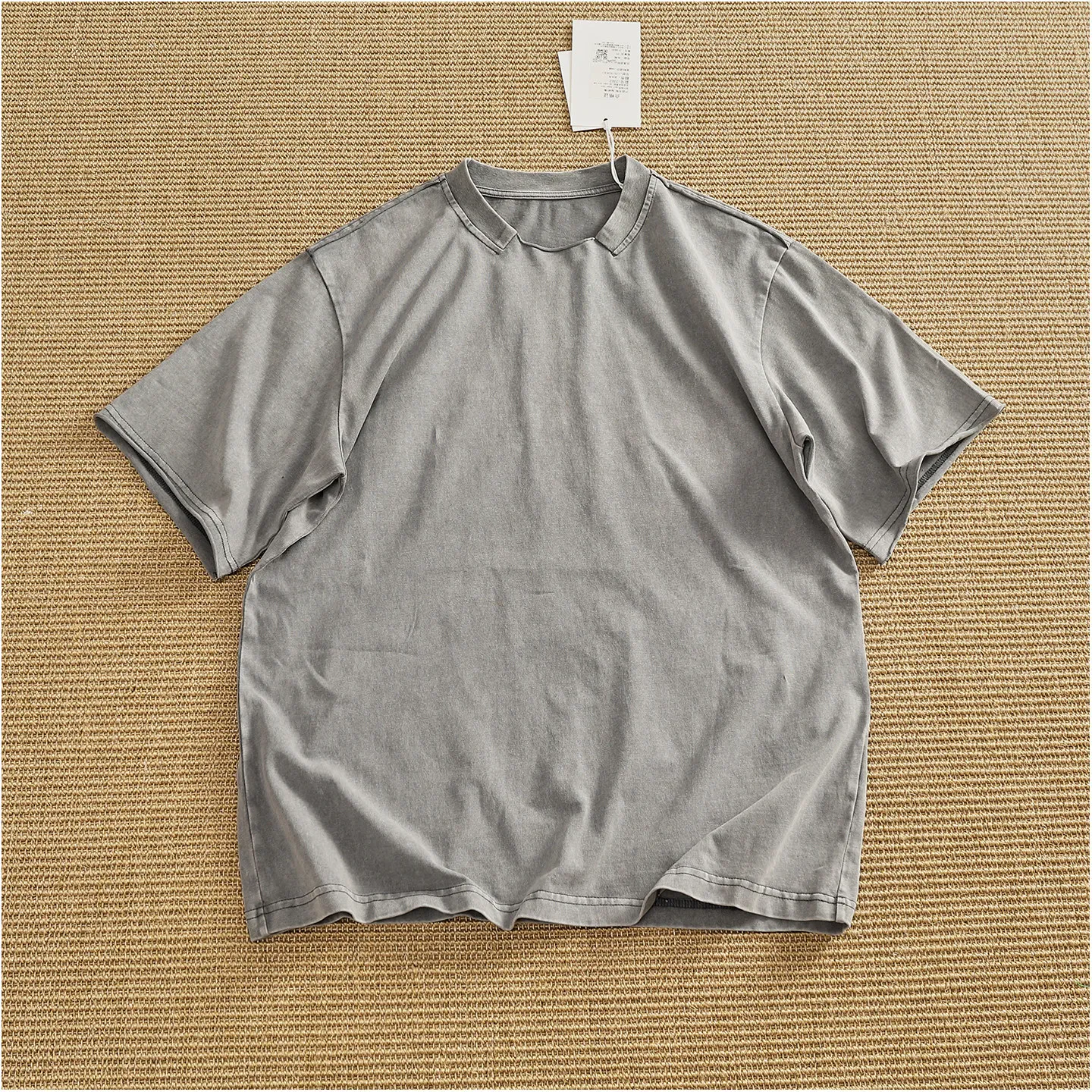 100% cotton notch small collar T-shirt men's retro lime distressed texture loose and versatile solid color half-sleeved T-shirt