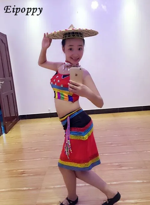 أزياء رقص للأطفال ، رقص داي ، ملابس خيزران المطر ، قبعات خصر زهور