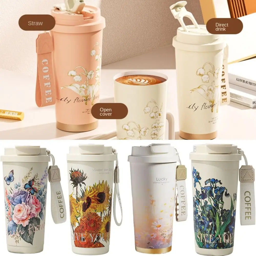 Portable Orchid Insulated Cup Stainless Steel with Lid Water Bottle Double Wall Sunflower Rose Daisy Coffee Mug Home Office