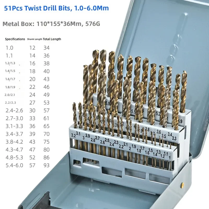 for M35 Cobalt Twist Drill Bit Set 51pcs Straight Shank Alloy Drill Bits for Metal Punching