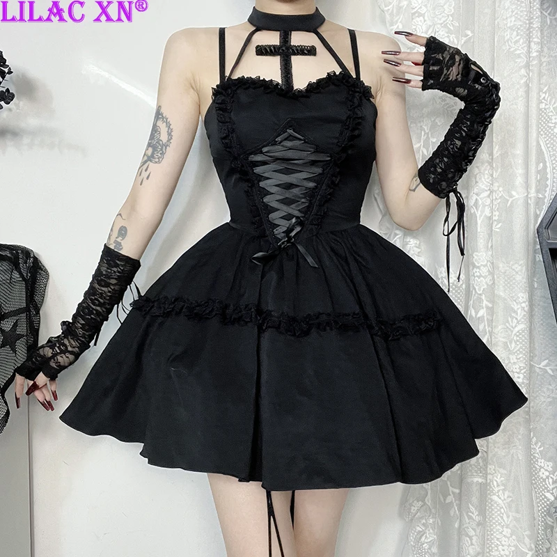 Goth Black Cross Lace Trim Halter Party Dresses Y2K Vinage Sexy Sleeveless Off-Shoulder A-Line Mini Dress Women New Fashion