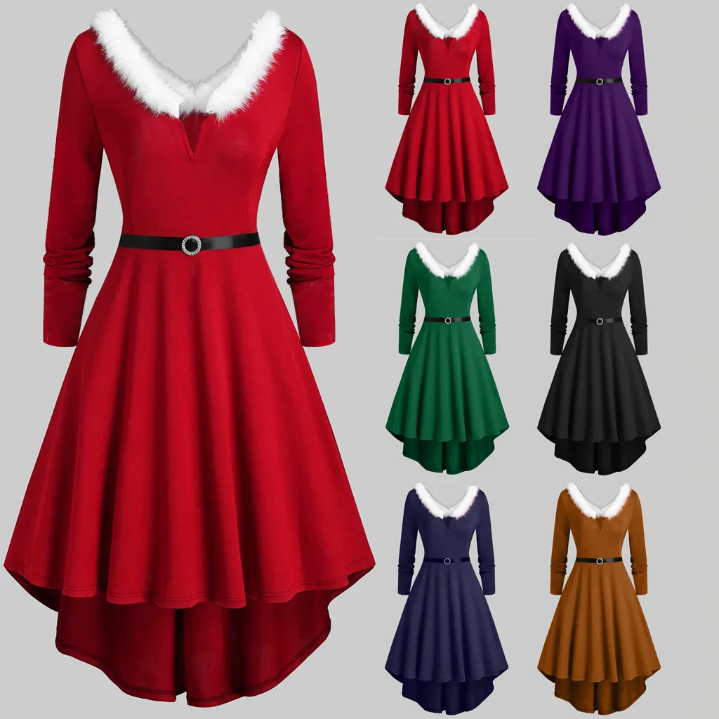 2024 New Year Christmas Dress Female Nightmare Before Christmas Sexy Costume Long Sleeve Plush Warm Deep V Party Pleated Dresses