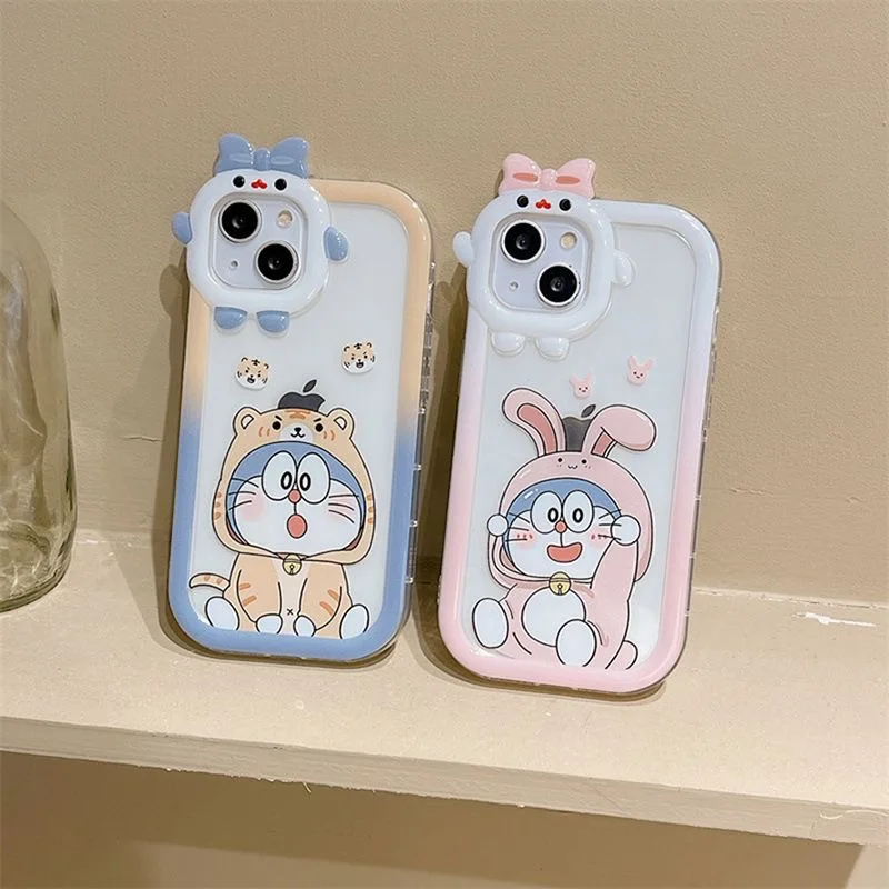 Cute Doraemon Phone Case For IPhone 16 15 14 13 12 11 7 X XR XS Plus Pro Max 3D Bow-knot Little Monster Lens Soft Silicone Cover