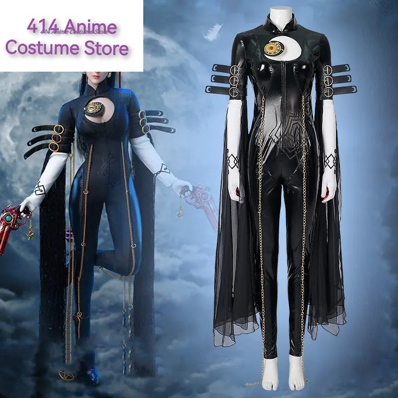 Game Bayonetta Cosplay Costume Wig Black PU Jumpsuit Adult Lady Like Woman Outfits Halloween Carnival Party Suit For Women Girls