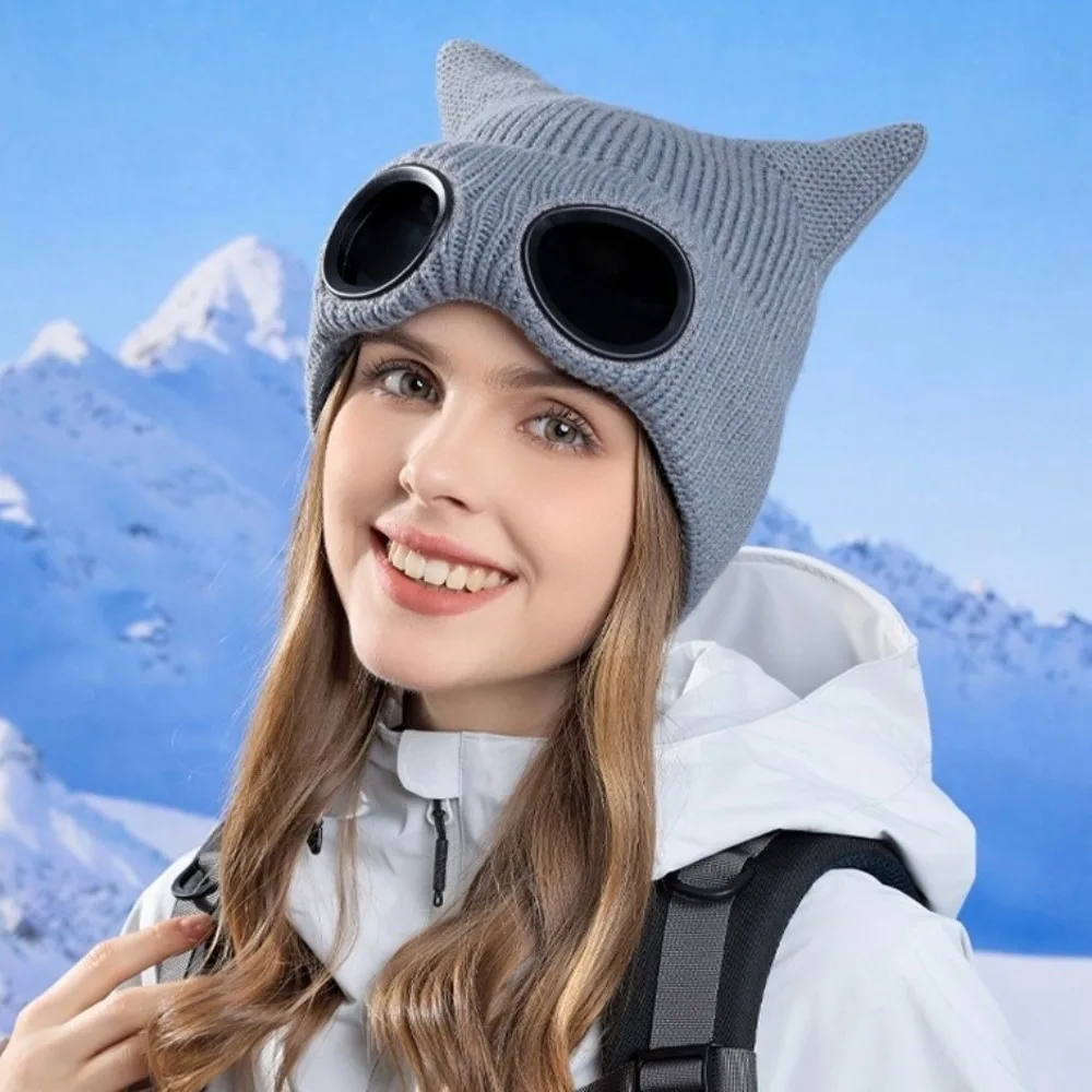Cute Warm Winter Beanie Windproof Thickened Skullies Hat Soft Cat Ear Ear Protection Hat for Women