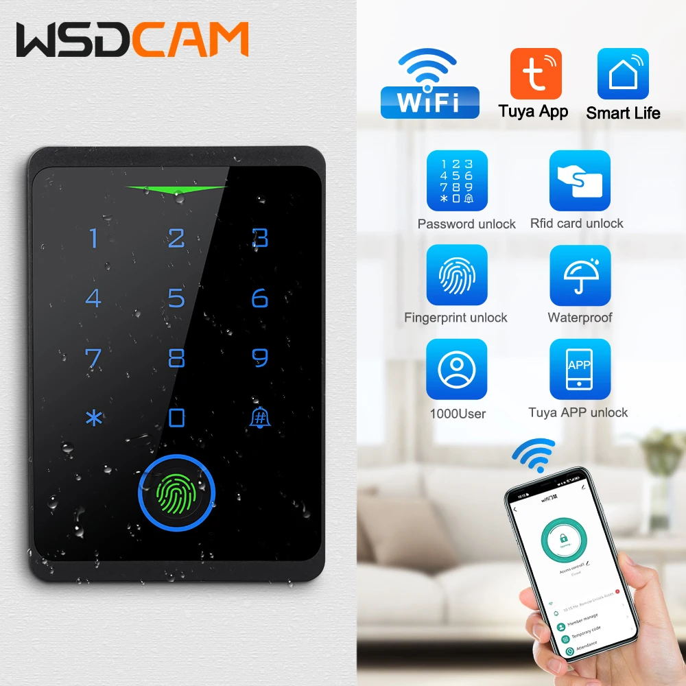 Wsdcam RFID Access Control Waterproof Tuya App Remote Wifi Access Controller Smart Door Lock Reader Touch Backlight