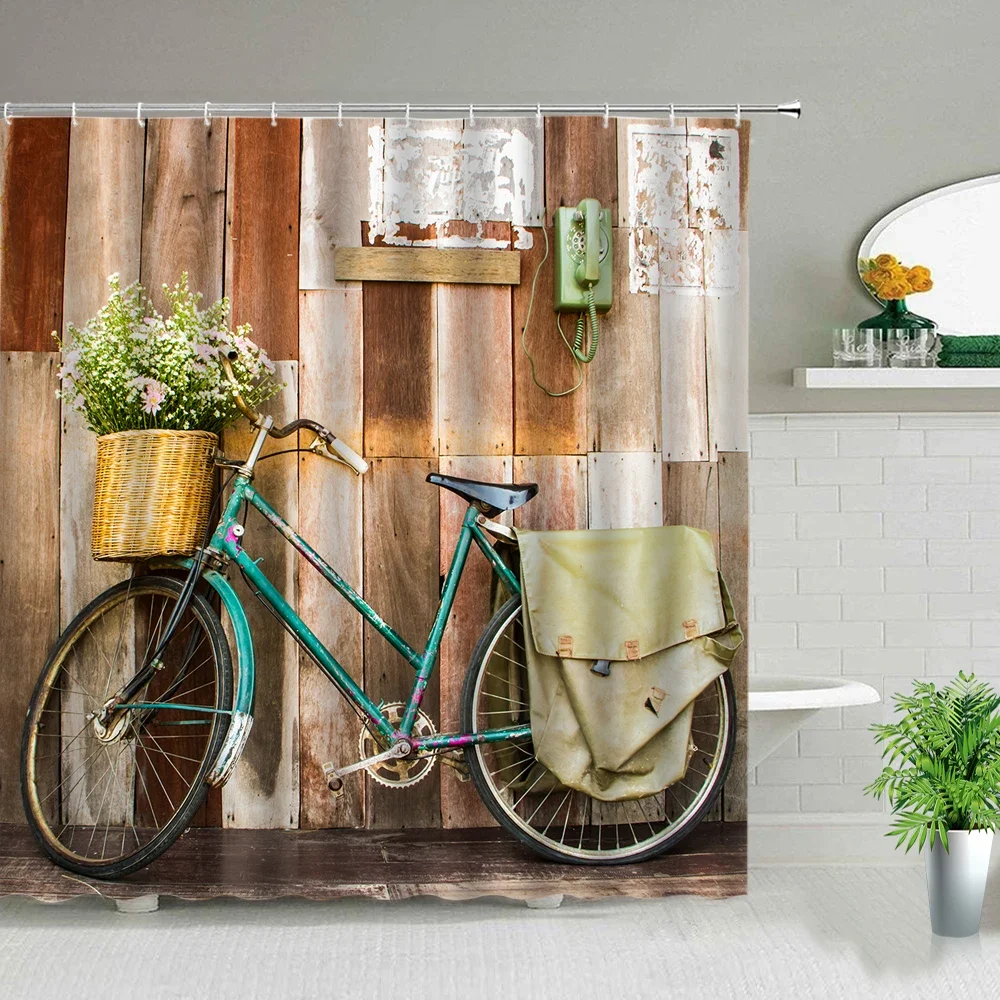 Retro Old Street Building Bicycle Landscape Shower Curtains European Style Poster Bathroom Curtain Waterproof Fabric With Hooks