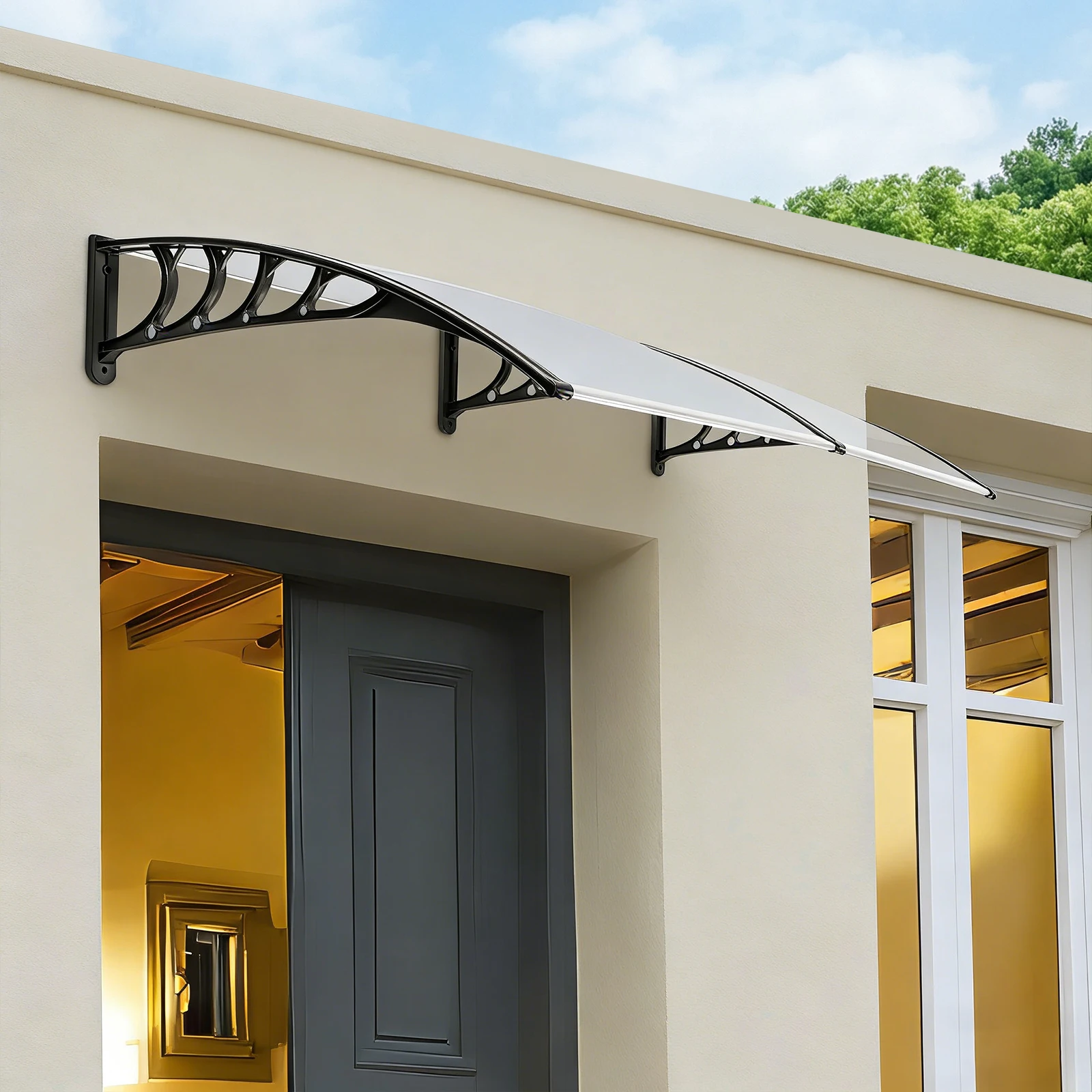 2026 Neu 90x200cm Wandmontierte Bogenförmige Überdachung aus Klarem Polycarbonat PC Moderne Design-Markise Wetterfester Sonnenschutz Regenschutz für Außenterrassen B1 Flammhemmend – Detail 10