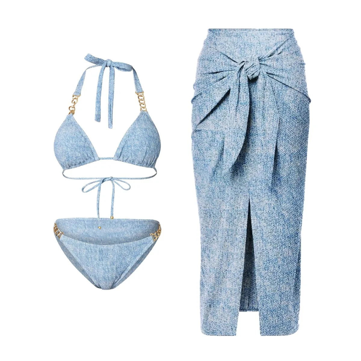 Vintage Blue Cowboy Print Swimwear Women Long Skirt Sets Bandeau Metal Belt Tummy Control Bathing Suit One Piece Swimsuit 2026
