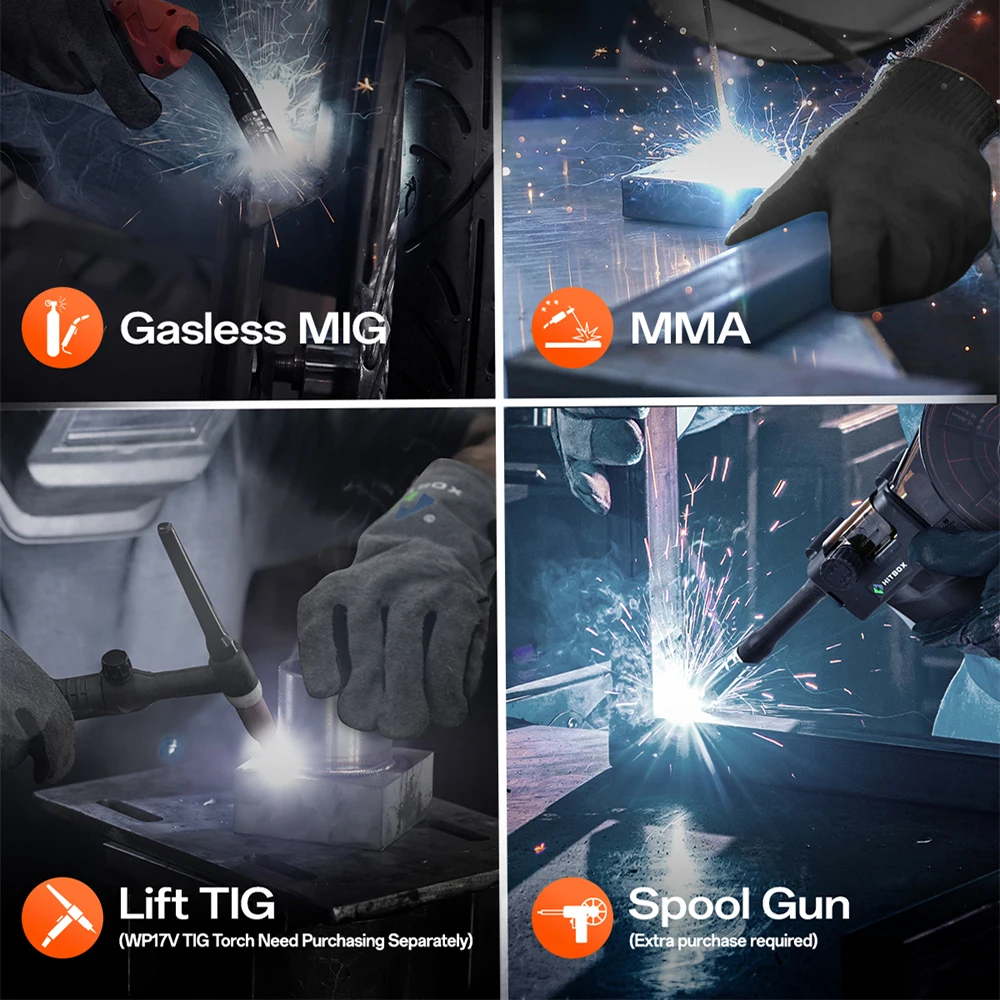 HITBOX 145A 4 in 1 Multi-process MlG Welder with Synergic Control 220V Stick ARC MMA/Gasless MIG/Lift TIG Support Spool Gun Large LED Display Hot Start Arc Force Anti-stick IGBT Inverter Welding Machine HBM145